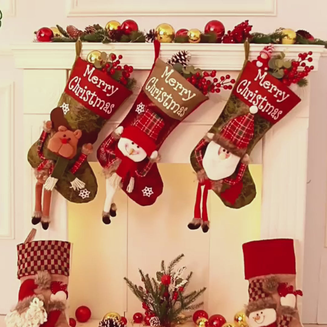 Christmas 3D Plush Stocking Set – Santa, Snowman & Reindeer Holiday Décor