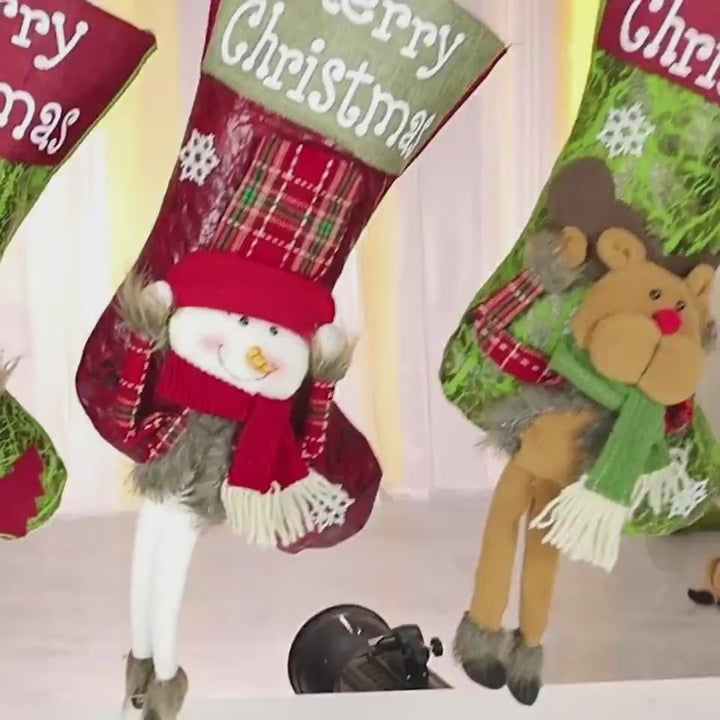 Christmas 3D Plush Stocking Set – Santa, Snowman & Reindeer Holiday Décor