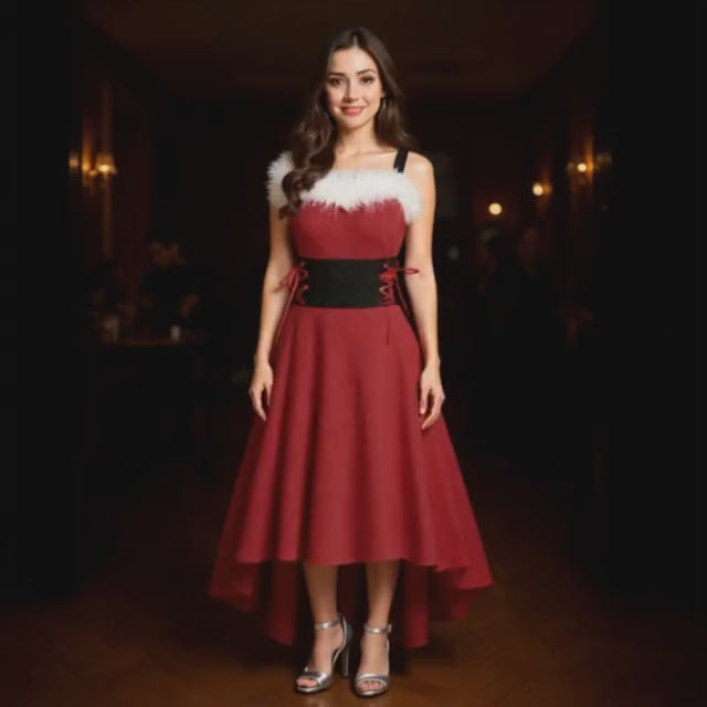 Santa Chic Lace Irregular Dress – Classic Holiday Glamour