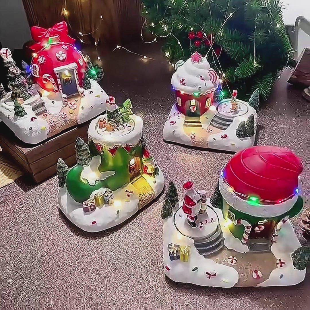 Rotating Christmas Village Music Box – LED Lit Resin Ornament with Santa & Snowy Scene