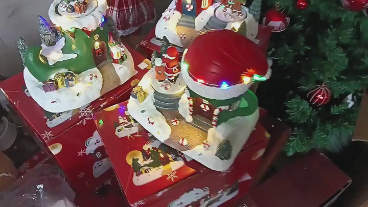 Rotating Christmas Village Music Box – LED Lit Resin Ornament with Santa & Snowy Scene