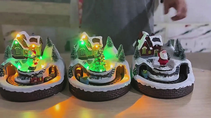 Rotating Christmas Village Music Box – LED Lit Resin Ornament with Santa & Snowy Scene